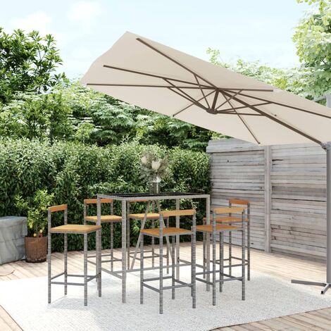 Ensemble Table de bar + 6 Chaises de bar de jardin - Table Haute avec 6 Tabourets gris poly rotin/bois massif acacia BV828519 - BonneVie (1/5)