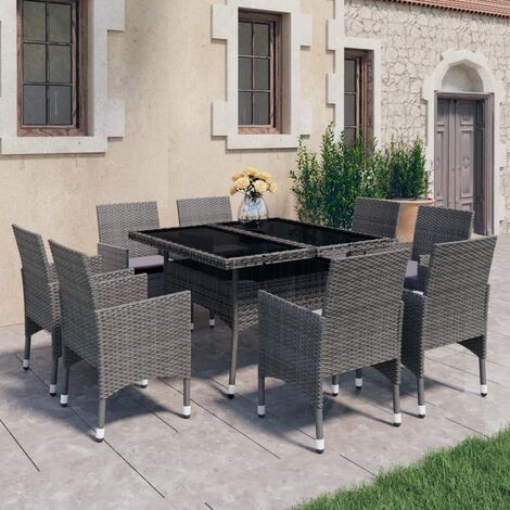 Salon de jardin 9 pcs - Mobilier de jardin - Ensemble à dîner de jardin Résine tressée et verre Gris  Chic-155665 (1/5)