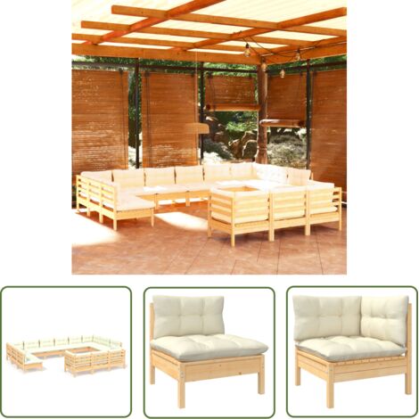 Salon de jardin 13 pcs - Canapé de jardin - Ensembles de Meubles d'exterieur - avec coussins crème Bois de pin Chic-743400 (1/5)