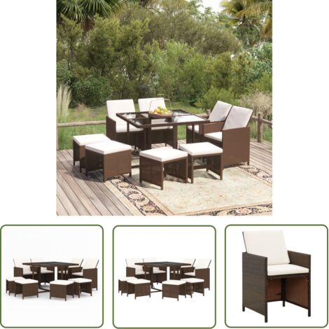 Ensemble Table et Chaise de Jardin 9 pcs - Meubles à dîner de jardin et coussins Poly rotin Marron BV356582 - BonneVie (1/5)