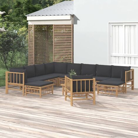 Salon de jardin 12 pcs - Ensemble Table et Chaise de Jardin - avec coussins gris foncé bambou BV192134 - BonneVie (1/5)