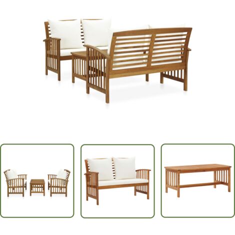 The Living Store Salon de jardin 3 pcs avec coussins Bois d'acacia massif - Salon De Jardin - Mobilier De Jardin - Ensemble De Jardin - Chaise Longue - Banc De Jardin (1/5)