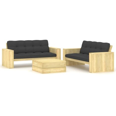 Salon de jardin 3 pcs Ensemble Table et Chaise de Jardin - avec coussins Bois de pin imprégné BV497994 - BonneVie (1/5)