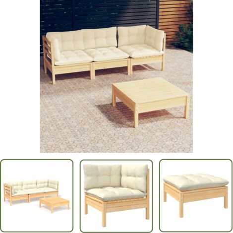 The Living Store Salon de jardin 4 pcs avec coussins crème Bois de pin - Salon De Jardin - Mobilier De Jardin - Ensemble De Jardin - Meubles De Terrasse - Chaise Longue (1/5)