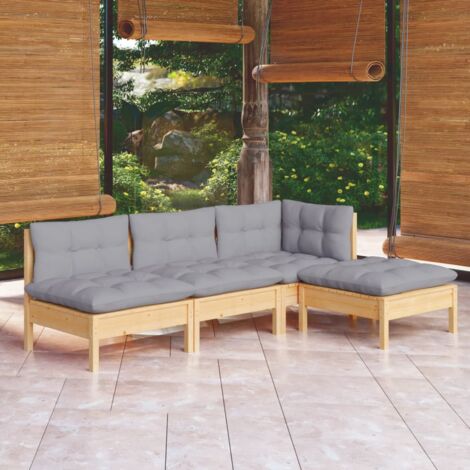 Salon de jardin 4 pcs Ensemble Table et Chaise de Jardin - avec coussins gris Bois de pin BV180761 - BonneVie (1/5)