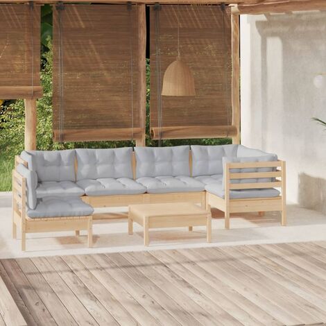 INLIFE Salon de jardin 7 pcs avec coussins gris Bois de pin (1/5)