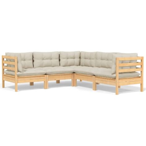Salon de jardin 5 pcs Contemporain, Ensemble repas de jardin, avec coussins crème Bois de pin solide OIB7423E (1/5)