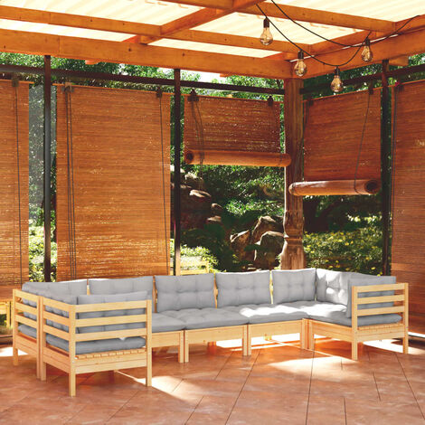 Salon de jardin 7 pcs,Mobilier de terrasse,Table et Chaise pour Relax avec coussins gris Bois de pin -YZ900156 (1/5)