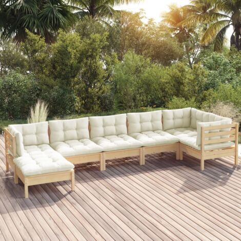 7 pcs Salon de jardin, Ensemble table et chaises de jardin, Meuble de jardin avec coussins crème Bois de pin solide MKW853200 (1/5)