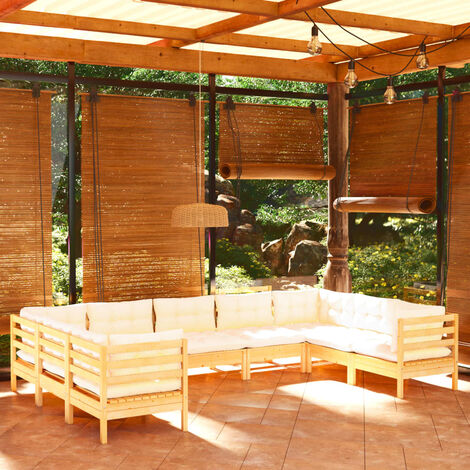 Salon de jardin 9 pcs,Mobilier de terrasse,Table et Chaise pour Relax avec coussins crème Bois de pin -YZ951190 (1/5)