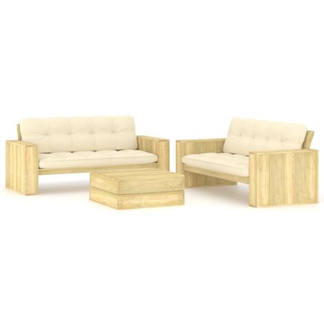 Salon de jardin 3 pcs Ensemble Table et Chaise de Jardin - avec coussins Bois de pin imprégné BV479877 - BonneVie (1/5)