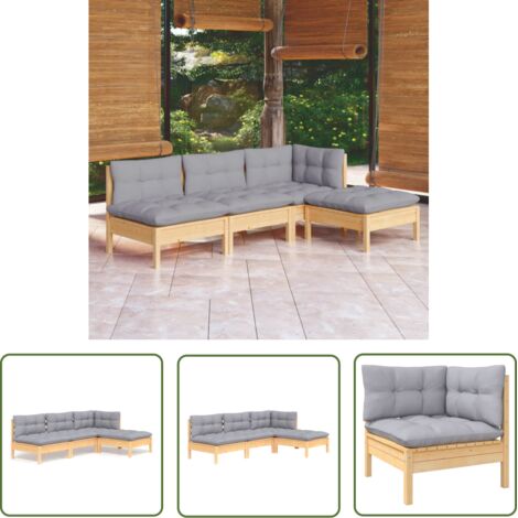 The Living Store Salon de jardin 4 pcs avec coussins gris Bois de pin - Ensemble Salon De Jardin - Mobilier De Jardin - Salon De Patio - Meubles De Jardin - Bois De Pin (1/5)
