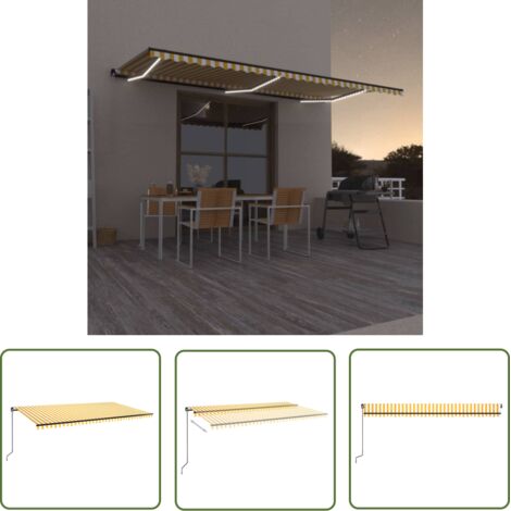 The Living Store Auvent manuel rétractable avec LED 600x350 cm Jaune et blanc - Auvent Pliable - Store Extérieur - Parasol - Abri Soleil - Protection Solaire (1/5)