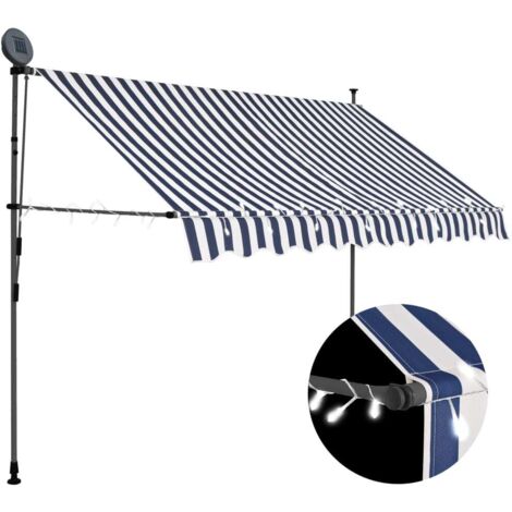 Auvent Marquise manuel rétractable avec LED, Store Banne pour Jardin Balcon Terrasse, 250 cm Bleu et blanc OIB5317E (1/5)