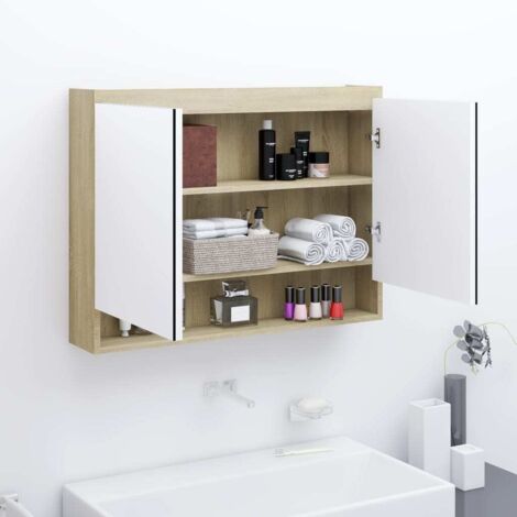 Armoire murale de salle de bain à miroir Contemporain - Placard de Rangement - 80x15x60cm MDF Blanc et chêne Chic-945996 (1/5)