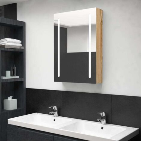 Armoire murale de salle de bain à miroir à LED Contemporain - Placard de Rangement - Chêne 50x13x70 cm Chic-942320 (1/5)