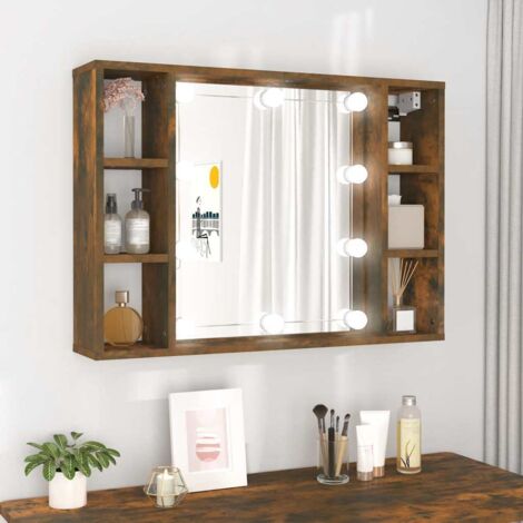 Armoire murale de salle de bain à miroir Moderne - Placard de Rangement - avec LED Chêne fumé 76x15x55 cm Chic-896525 (1/5)