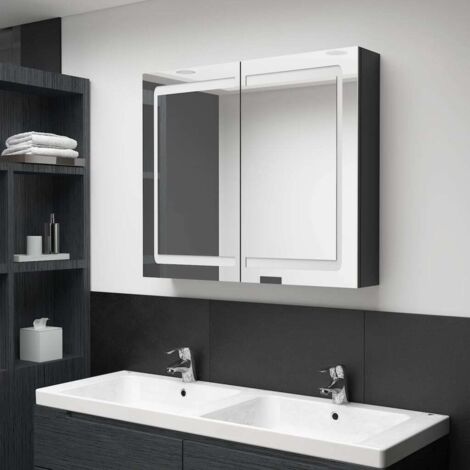 Armoire murale de salle de bain à miroir à LED Contemporain - Placard de Rangement - Noir brillant 80x12x68 cm Chic-825877 (1/5)
