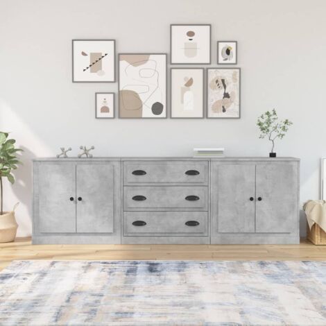 Buffets 3 pcs Meuble de rangement Commode Bahut gris béton bois d'ingénierie 77574