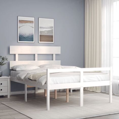 Lit adulte Contemporain avec tête de lit Cadre de lit blanc petit double bois massif 40624 (1/5)