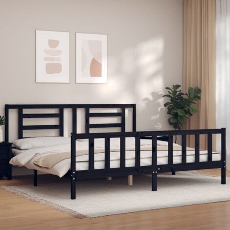 Lit adulte Contemporain avec tête de lit  Cadre de lit noir 200x200 cm bois massif 11522 (1/5)