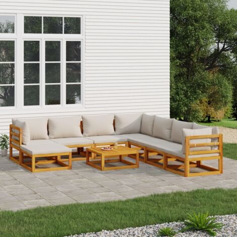 Salon de jardin 9 pcs Meuble de jardin Mobilier de jardin avec coussins gris clair bois massif 68784 (1/5)