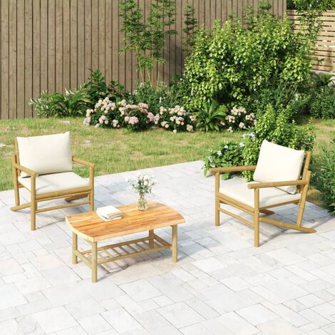Lot de 2 Chaises de jardin Fauteuils de Jardin avec coussins blanc crème bambou 40539 (1/5)