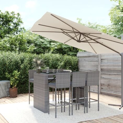 Set de 1 Table + 6 Tabourets de bar de jardin  Ensemble Table et Chaises avec coussins gris poly rotin 88799 (1/5)