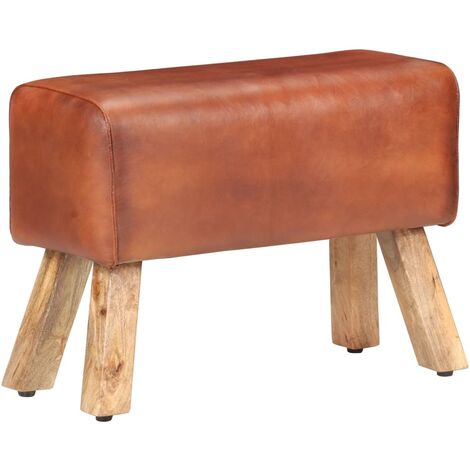 Banc saut de cheval Banc d'entrée Banc de jardin Luxueux Fauteuil de jardin 58cm Marron Cuir véritable et bois manguier Chic-433393 (1/5)