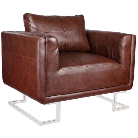 Fauteuil Chaise de Salon cube - Fauteuil design avec pieds chromés Marron Similicuir Chic-500908 (1/5)