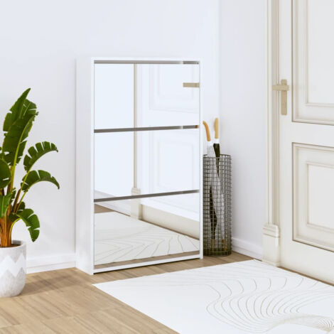 Armoire à chaussures Meuble à Chaussures miroir 3niveaux Blanc brillant 63x17x102,5cm 45621 (1/5)
