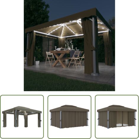 Tonnelle Barnum de Jardin, Pavillon, Pergola, Tente de jardin, avec rideau et guirlande lumineuse à LED 4x3 m Taupe OIB3106E (1/5)