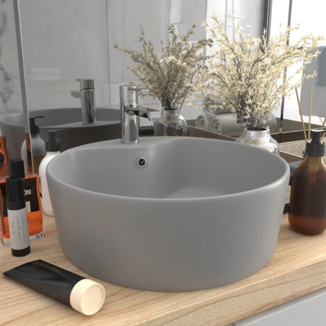 Vasque à poser Lavabo à poser pour salle de bain - avec trop-plein Gris clair mat 36x13cm Céramique BV555802 - BonneVie (1/5)