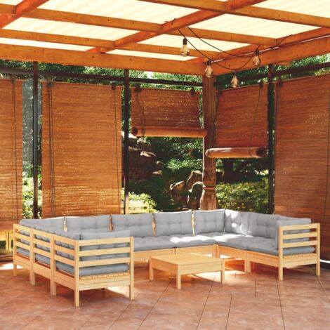 Salon de jardin 10 pcs Ensemble Table et Chaise de Jardin - avec coussins gris Bois de pin BV359186 - BonneVie (1/5)