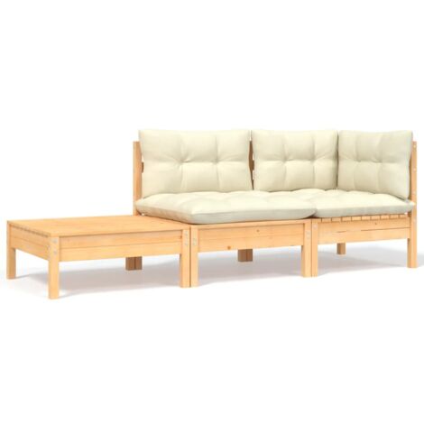 Salon de jardin 3 pcs Ensemble Table et Chaise de Jardin - avec coussins crème Bois de pin massif BV257966 - BonneVie (1/5)