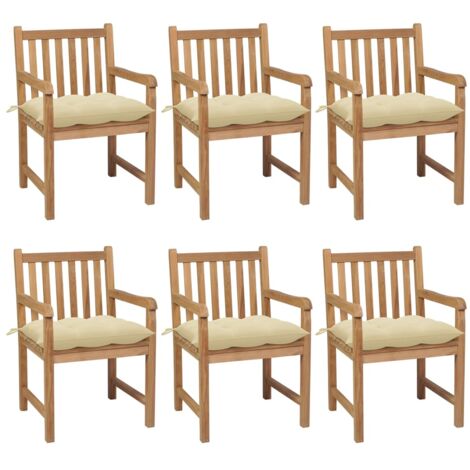 Lot de 6 Chaises de jardin et de camping, Chaises de relaxation, avec coussins blanc crème Teck solide OIB1128E (1/5)