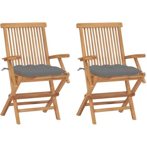 Lot de 2 Chaises de jardin et de camping avec coussins gris, Chaise de relaxation, Bois de teck massif OIB1950E (1/5)