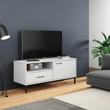 Meuble TV avec pieds Banc TV Moderne Meuble de Rangement en métal Blanc Bois de pin massif OSLO XHET51862 (1/5)