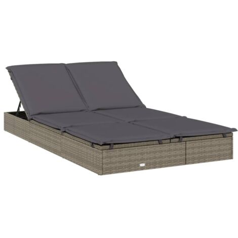 Chaise longue à 2 places avec coussins gris résine tressée (1/5)