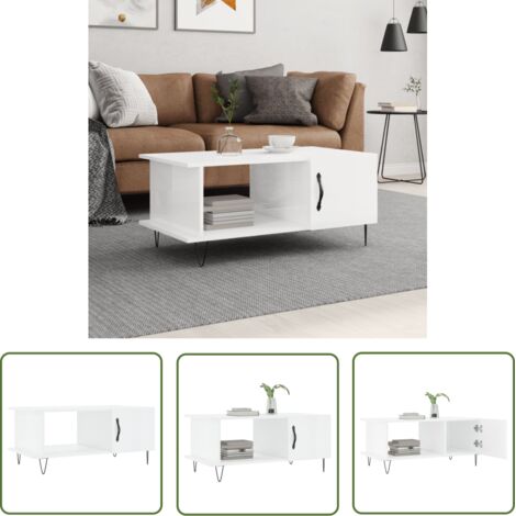 The Living Store Table basse Blanc brillant 90x50x40 cm Bois d'ingénierie - Table Basse Blanche - Meuble Salon - Table D'appoint - Table Latéral - Rangement Maison (1/5)