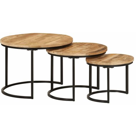 Lot de 3 Tables basses gigognes Tables de salon Bouts de canapé bois de manguier massif brut 55584 (1/5)