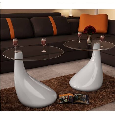 Table basse de salon, Table Café, et dessus de table Verre rond Blanc brillant 2 pcs OIB8436E (1/5)
