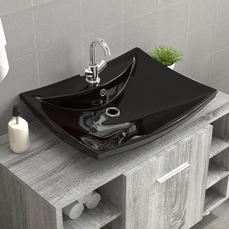 Lavabo rectangulaire - Vasque à poser Lavabo à poser en céramique noir de luxe avec trop-plein et trou BV782034 - BonneVie (1/5)
