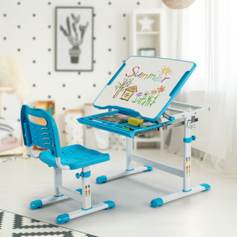 FLASIDU Bureau enfant,Hauteur réglable,Avec support de lecture inclinable et lampe de bureau LED,73×70×46cm(Bleu