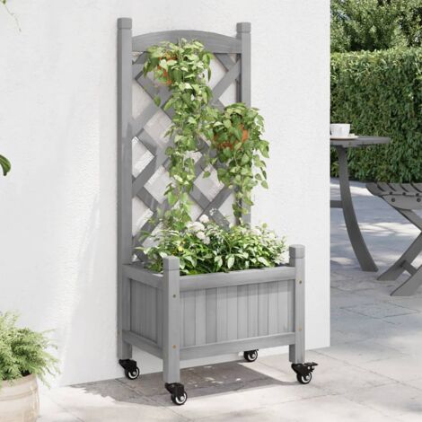 Jardinière avec treillis et roues-Pot de fleur gris bois massif de sapin 758431 (1/5)
