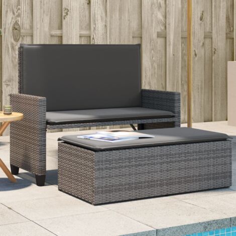 Banc de jardin avec coussins-Banquette de jardin et repose-pied gris résine tressée (1/5)