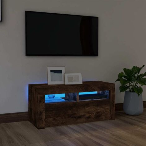Meuble TV avec LED-Banc TV-Meuble Télé avec lumière LED Chêne fumé 90x35x40 cm 572526 (1/5)
