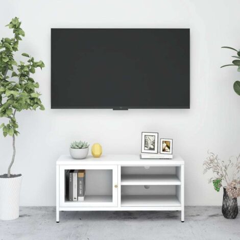 Meuble TV-Banc TV-Meuble Télé Blanc 90x30x44 cm Acier et verre 271685 (1/5)