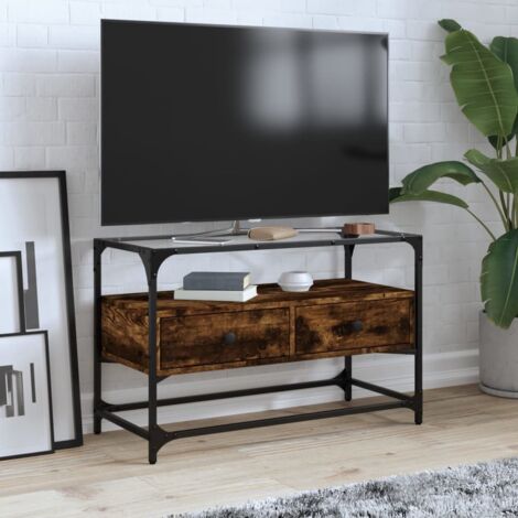 Meuble TV avec dessus en verre-Banc TV-Meuble Télé chêne fumé bois d'ingénierie 210554 (1/5)