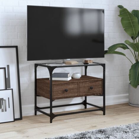 Meuble TV avec dessus en verre-Banc TV-Meuble Télé chêne marron bois d'ingénierie 565835 (1/5)